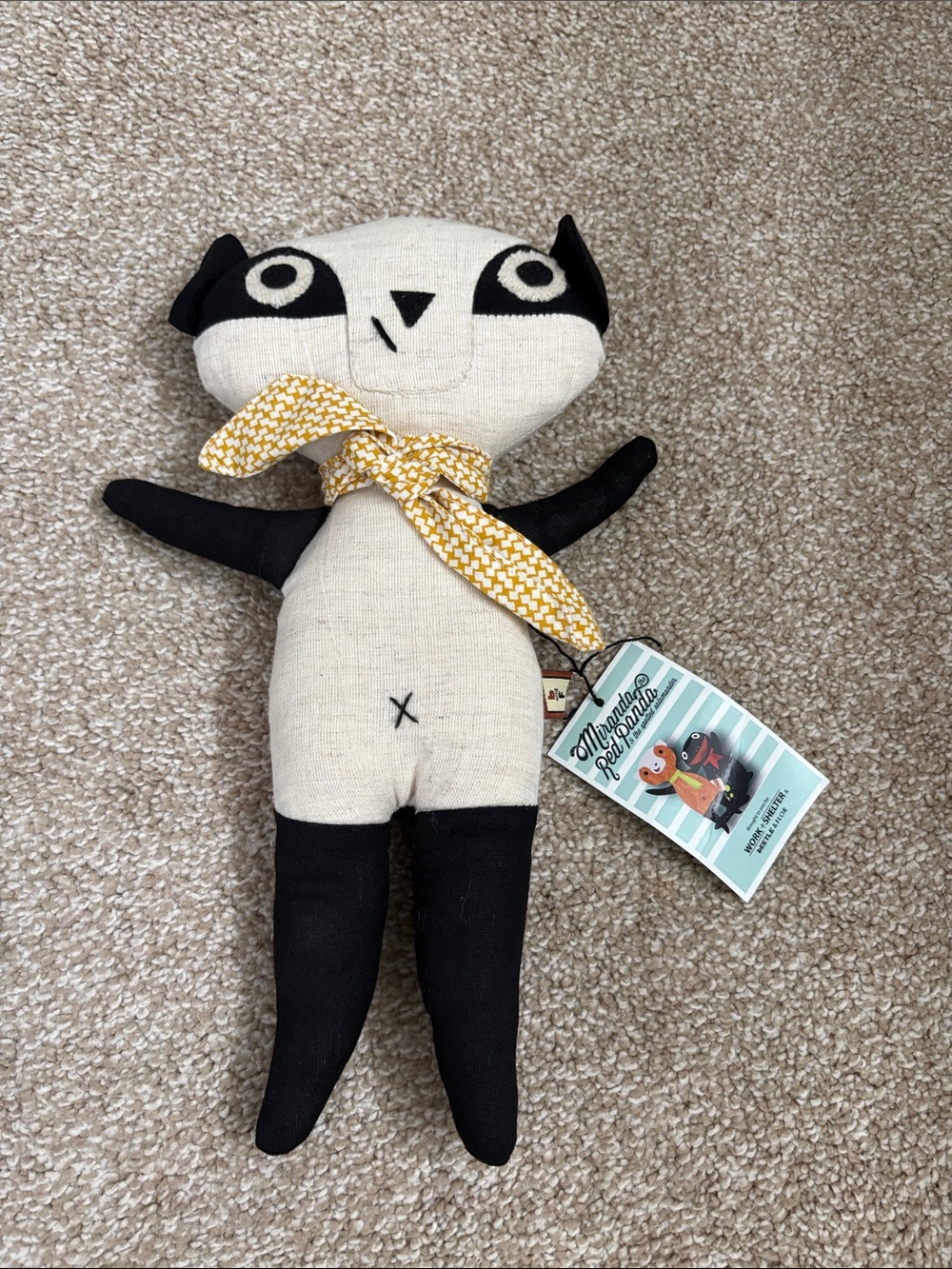 Handmade Plush Raccoon Decorative Doll in Cream, Black and Yellow Scarf